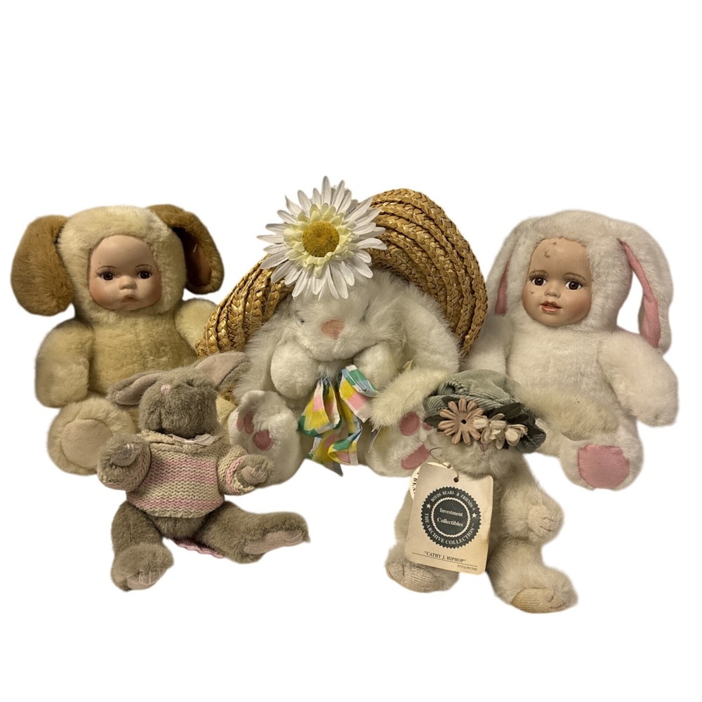 Vintage Lot If 5 Plush Bunny Rabbit Stuffed Animals Easter Decor Russ Boyd's +